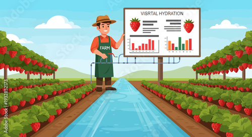 Farmer Explaining Strawberry Growth Data on Digital Screen.
