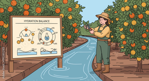 Farmer Explains Hydration Balance in Orchard.
