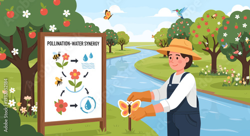 Farmer holding a butterfly near a pollination chart.