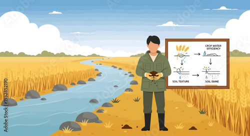 Farmer holding soil sample in front of educational diagram.