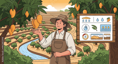 Farmer holding mango fruit in orchard with data board.