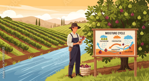 Farmer standing next to a moisture cycle diagram.