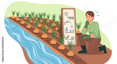 Farmer studying onion crop growth and irrigation methods.