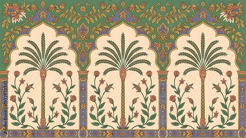 Traditional Mughal wedding invitation card design. Traditional Mughal garden arch, plant, peacock, illustration frame for Invitation.
