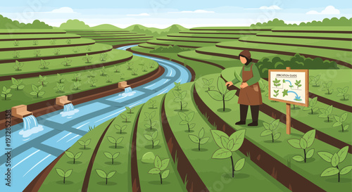 Farmer tending to crops on a sunny day.