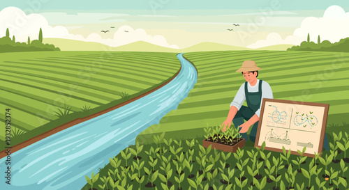 Farmer tending to crops with a whiteboard nearby.