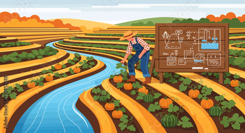 Farmer tending to crops on terraced fields with irrigation system diagram.