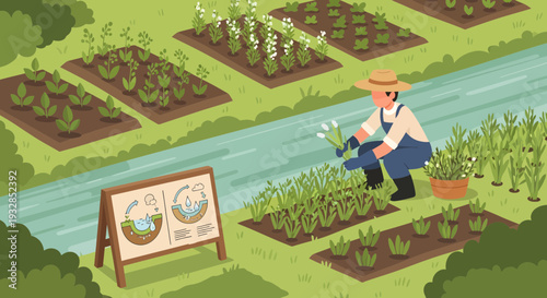 Farmer tending to crops in a lush garden setting.