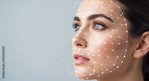 Digital face recognition technology with a beautiful woman's profile