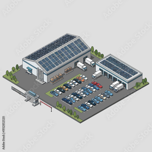 Isometric View of Modern Industrial Building Complex.
