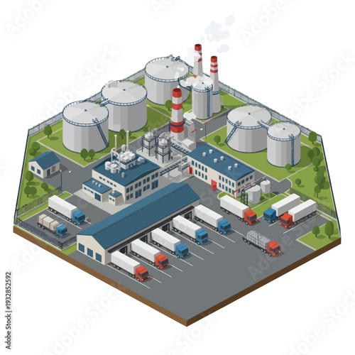 Industrial Facility with Storage Tanks and Trucks.