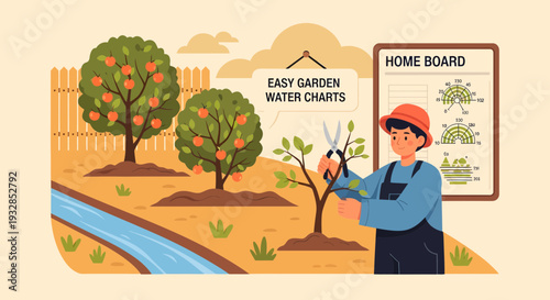 Gardener pruning a small tree with shears.