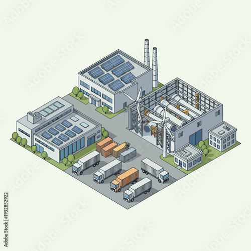 Isometric Factory Complex with Trucks and Solar Panels.