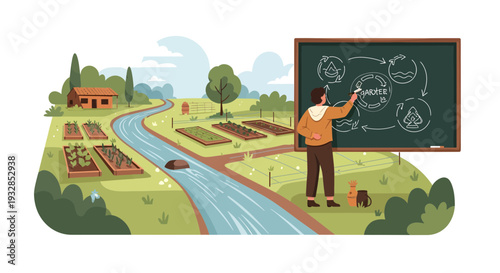 Man drawing ecological diagram on blackboard near river and farm.