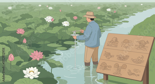 Man in water collecting samples near lily pads.