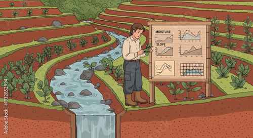 Man studying agricultural data on a whiteboard near a stream.