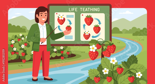 Teacher Explaining Strawberry Life Cycle on Farm.