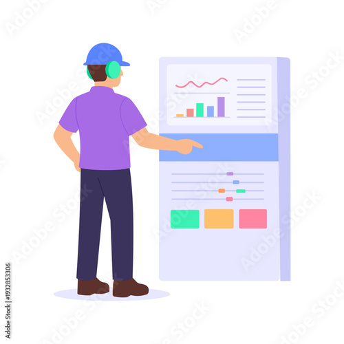 Monitoring Control Panel, Operator checking water system control panel, Flat vector character illustration
