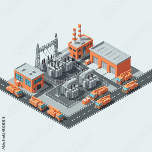 Isometric Factory Buildings with Trucks and Machinery.
