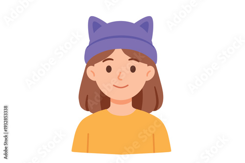 Cute smiling girl in purple cat-ear hat, hand-drawn flat soft vector illustration. Modern cartoon avatar with soft colors. Perfect for kids design, social media, prints. 
Kawaii hat with cat ears.