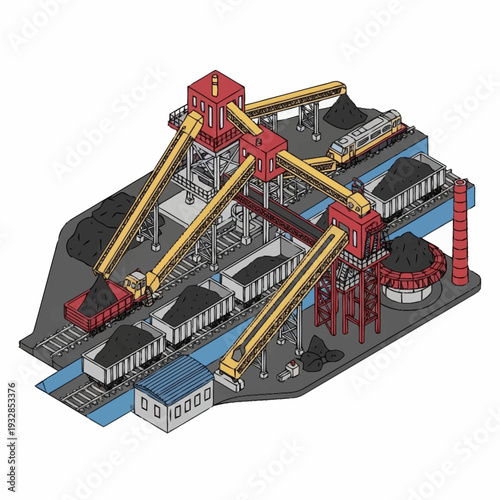 Industrial Coal Loading and Unloading Facility Illustration.
