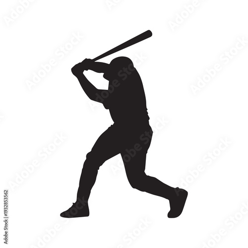 Silhouette of a baseball player swinging a bat in a powerful stance isolated on white background