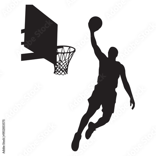Silhouette of a basketball player dunking into a hoop with dynamic motion and minimalist black design