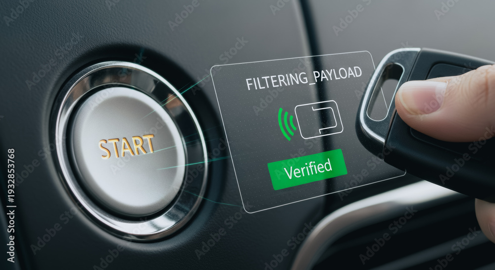 Fototapeta premium Secure keyless car start system verifying payload with smart remote technology on a start-stop button.