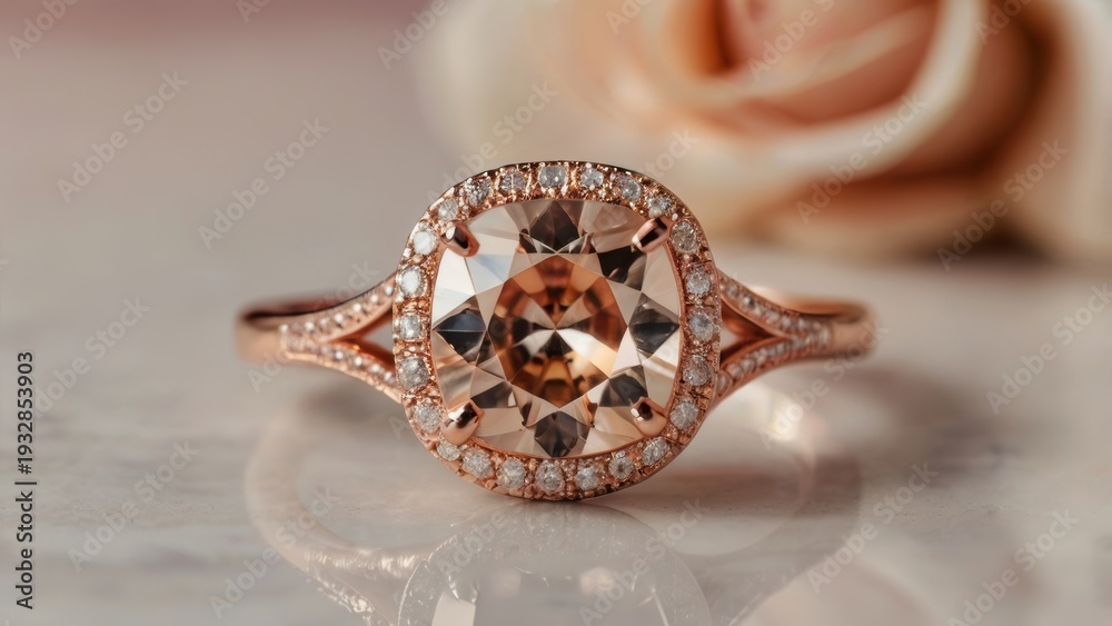 Naklejka premium The Allure of Forever: A radiant engagement ring sparkles, set against the backdrop of a delicate, soft-petaled rose, symbolizing eternal love and commitment. 