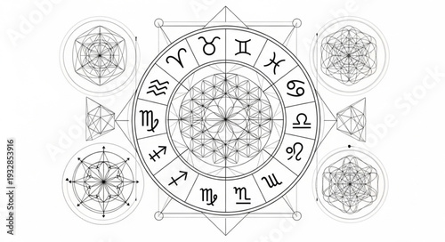 Intricate Astrological Wheel Depicting Zodiac Signs and Celestial Symbols.