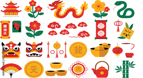 Flat Lunar New Year Vector Icon Set with Chinese Dragon, Lanterns, Pagodas, Lucky Coins and Traditional Festival Symbols