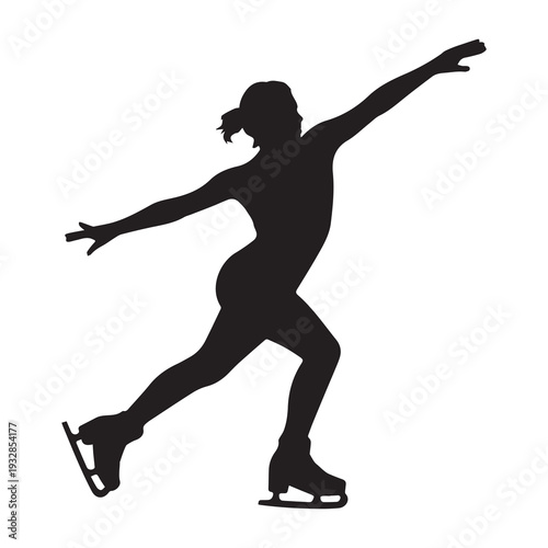 Silhouette of a figure skater performing a graceful pose on ice in minimalist black and white design