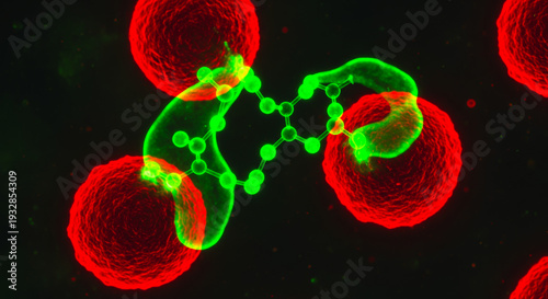 Molecular structure interacting with red cells in a microscopic, scientific representation of cellular processes and biotechnology.