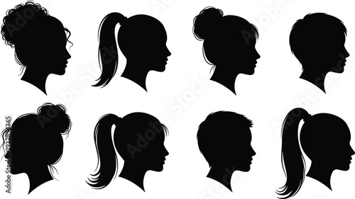 Woman head profile silhouette vector set, cad drawing flat vector illustration, female hairstyle icons, beauty salon side view face graphics.