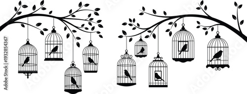 Birds in cages hanging from leafy tree branches silhouette set for home decor and cad drawing flat vector illustration design,