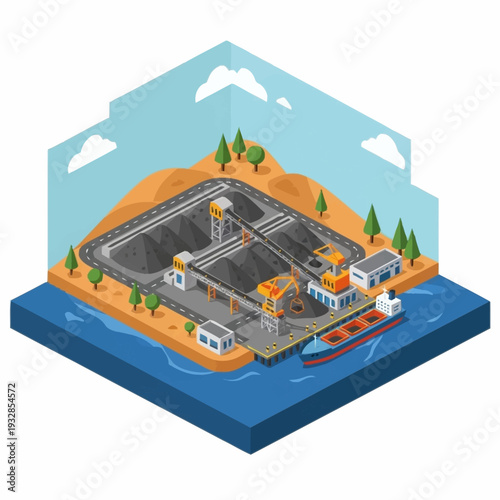 Isometric Coal Port Terminal with Ship and Conveyor System.