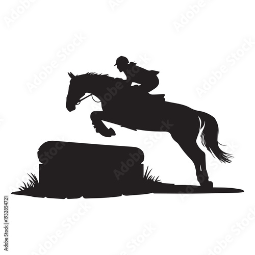 Silhouette of a rider on horseback jumping over a stone obstacle dynamic action in a minimalist outdoor setting