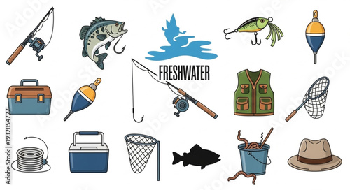 Fishing gear and equipment illustration, perfect for outdoor activities and angling.
