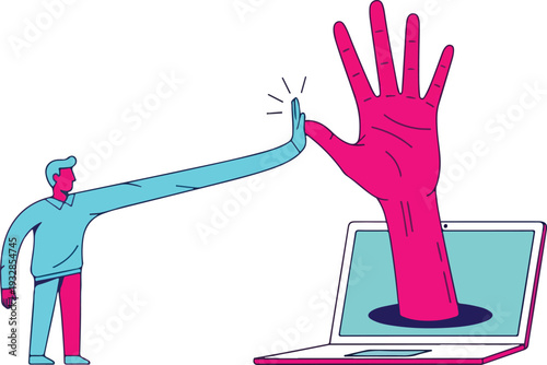 High Five with Giant Digital Hand Virtual Teamwork Vector