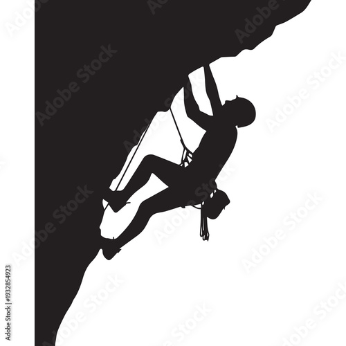 Silhouette of a climber scaling a steep rock face in black and white gripping a rope for support during an intense ascent