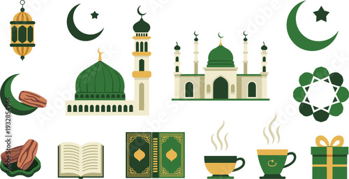 Flat design Islamic Ramadan illustration set with mosque, crescent moon, lantern, Quran, dates, coffee cups and gift box