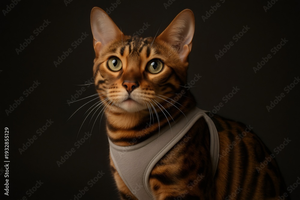 Obraz premium Bengal cat with striking striped fur and green eyes, wearing a grey harness, looking with an alert and curious expression