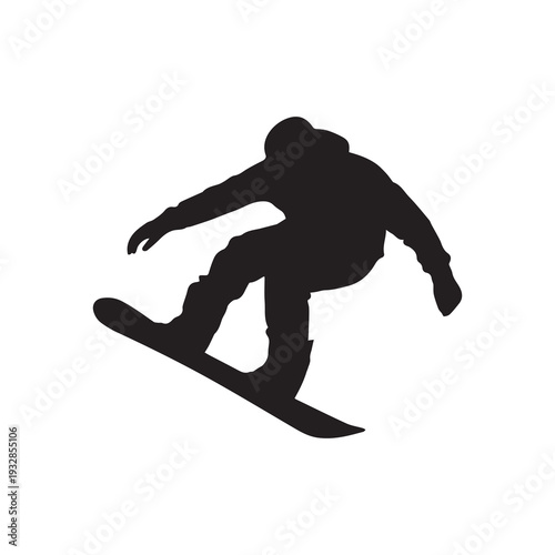 Silhouette of a snowboarder performing a dynamic jump against a clean white background showcasing athleticism and movement in a minimalist style