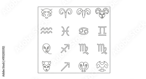 Zodiac signs arranged in a grid, representing astrological symbols and concepts.