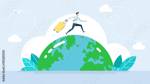 Successful businessman with suitcase running on top of the globe. Concept of global business travel, international tourism, career relocation, and world journey. Professional vector illustration.