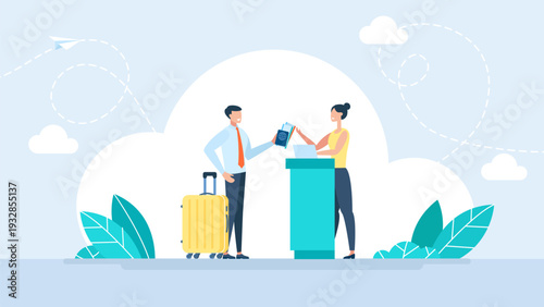Successful businessman with suitcase showing passport to officer at check-in desk. Concept of airport departure, hotel reception, international travel, and professional service. Vector illustration.