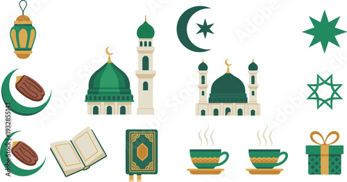 Flat Islamic Ramadan icon set with mosque, crescent moon, lantern, Quran, dates, coffee cups and gift illustration