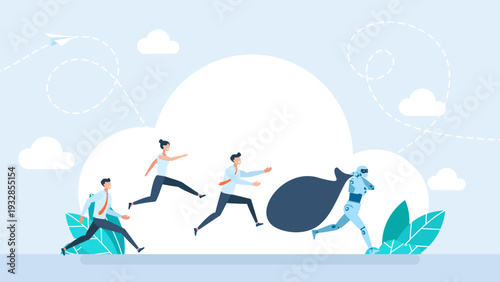 People chasing a digital robot thief who stole their social media friends and followers in a bag. Concept of online privacy risks, cyber crime, and hacking personal data. Vector illustration.