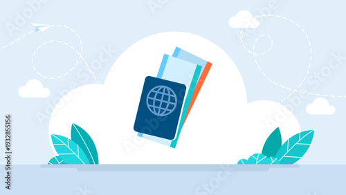 Blue international passport with flight tickets and boarding passes for world travel and summer vacation planning. Document set for tourism and global journey concept. Vector illustration.