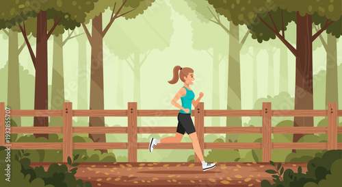Young woman jogging in a park on a sunny day.